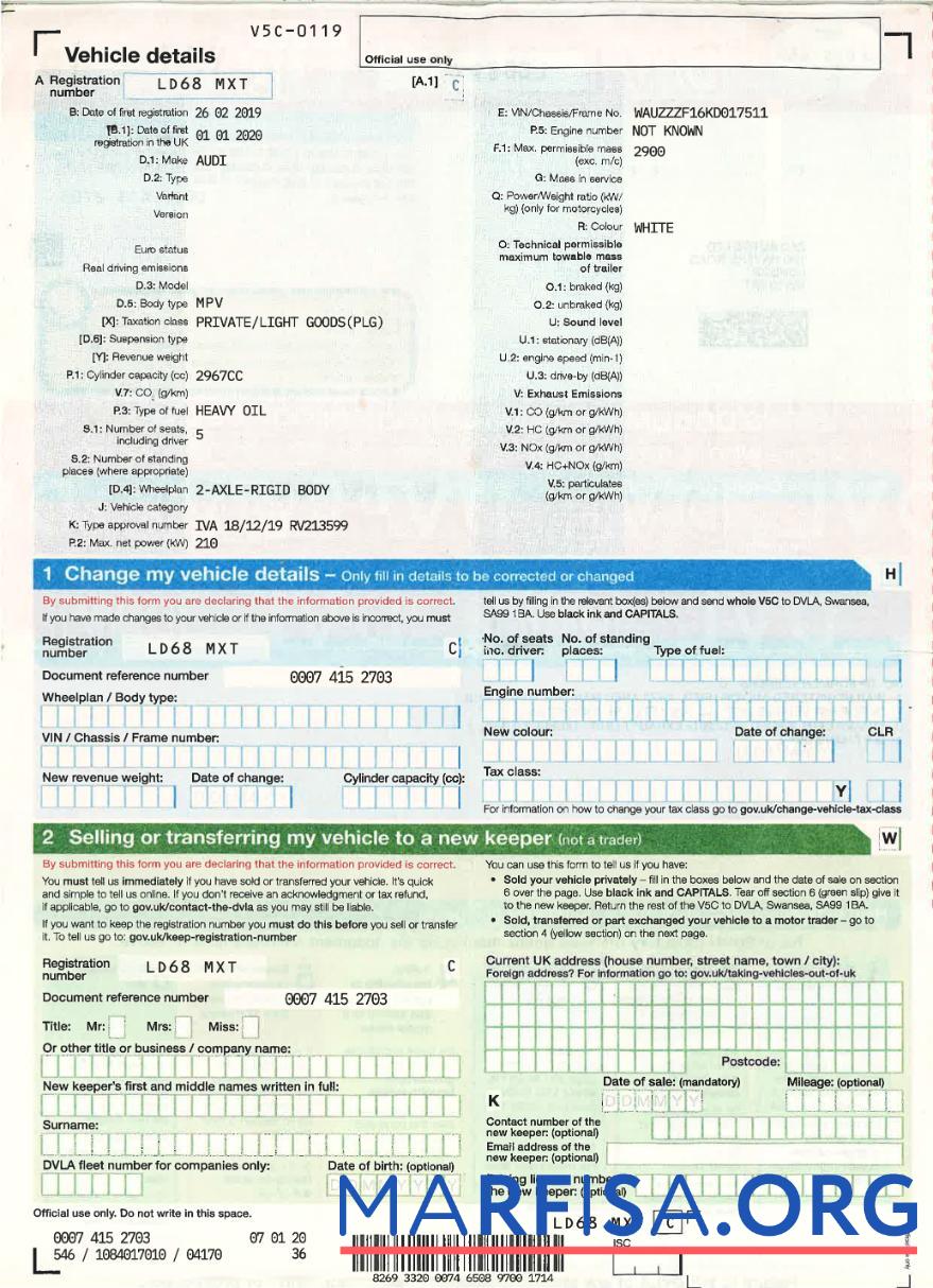 Realistic United Kingdom driver,vehicle registration certificate2 sample